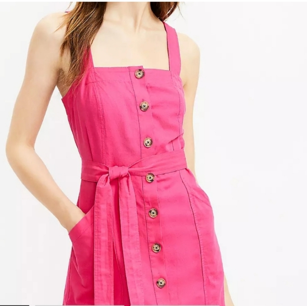 LOFT Pink Button-Down Linen Dress with Belt